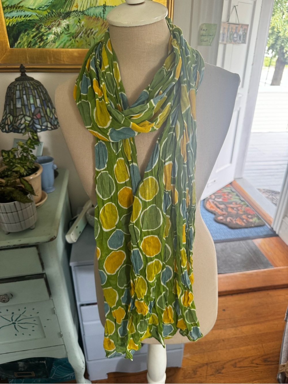 Gudrun Sjoden Green Polka Dot Long Rectangle Scarf Cotton NWOT Lagenlook Boho